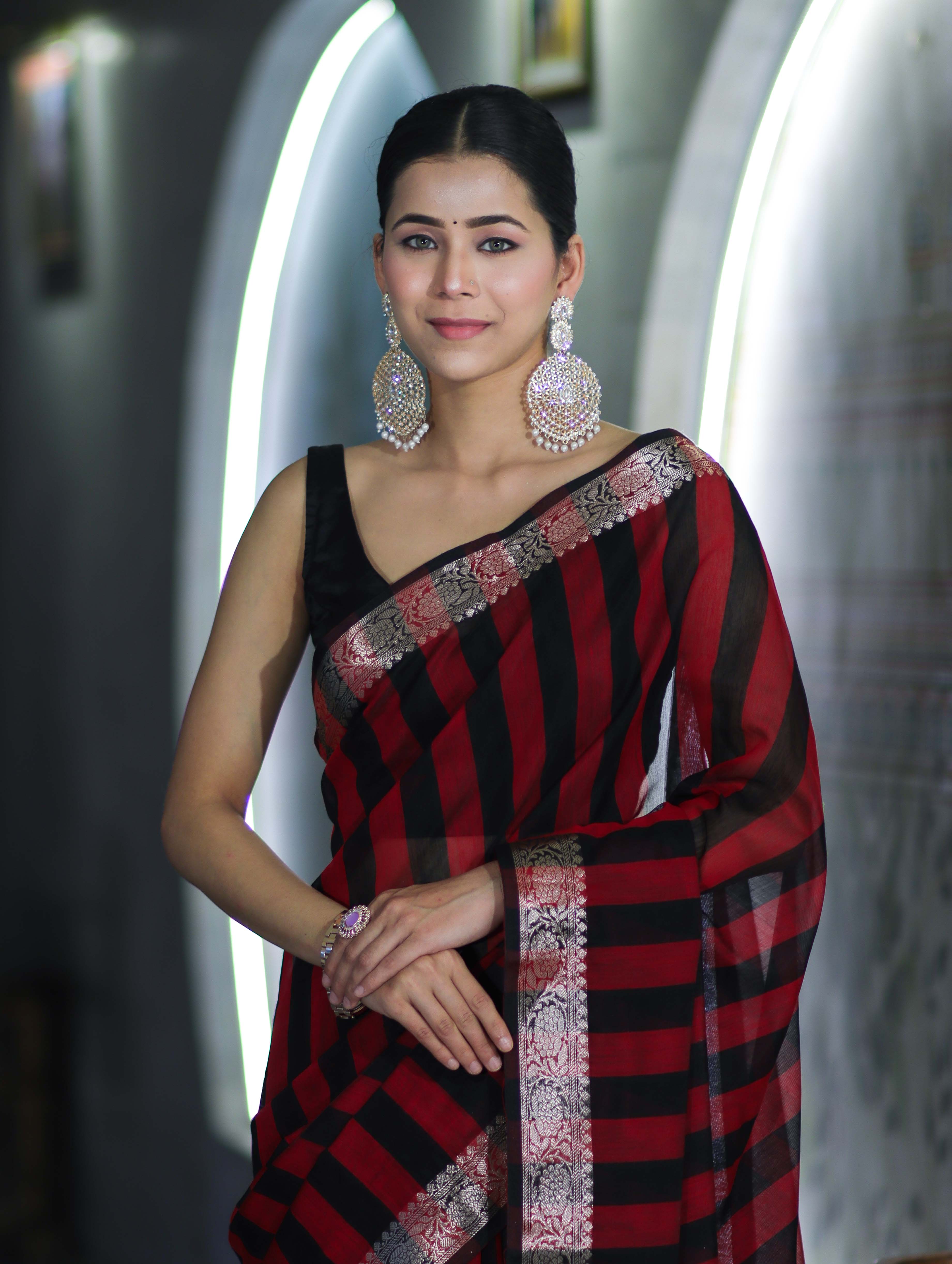 Banarasee Cotton Silk Saree With Stripes Pattern & Floral Zari Border-Maroon & Black