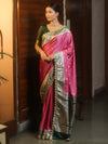 Banarasee Handloom Mashru Silk Saree With Contrast Zari Border & Lace-Onion Pink & Green