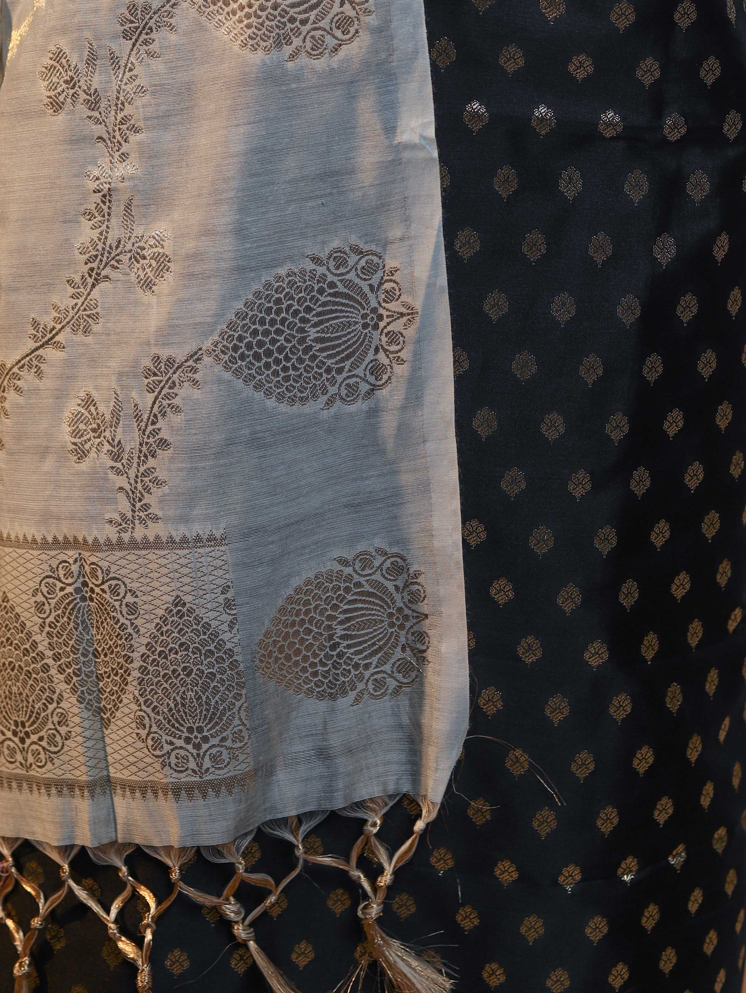 Banarasee Cotton Silk Zari Buti Salwar Kameez Fabric With Contrast Dupatta Set-Black & Light Blue