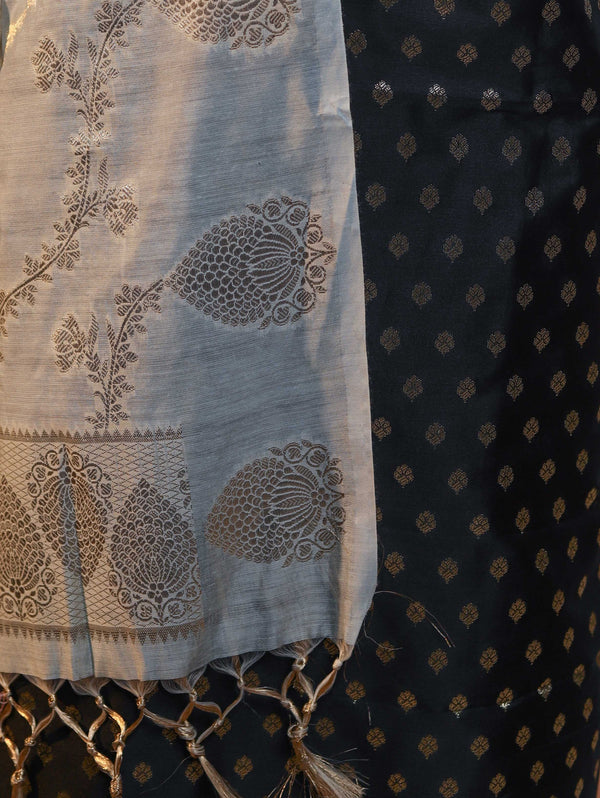 Banarasee Cotton Silk Zari Buti Salwar Kameez Fabric With Contrast Dupatta Set-Black & Light Blue
