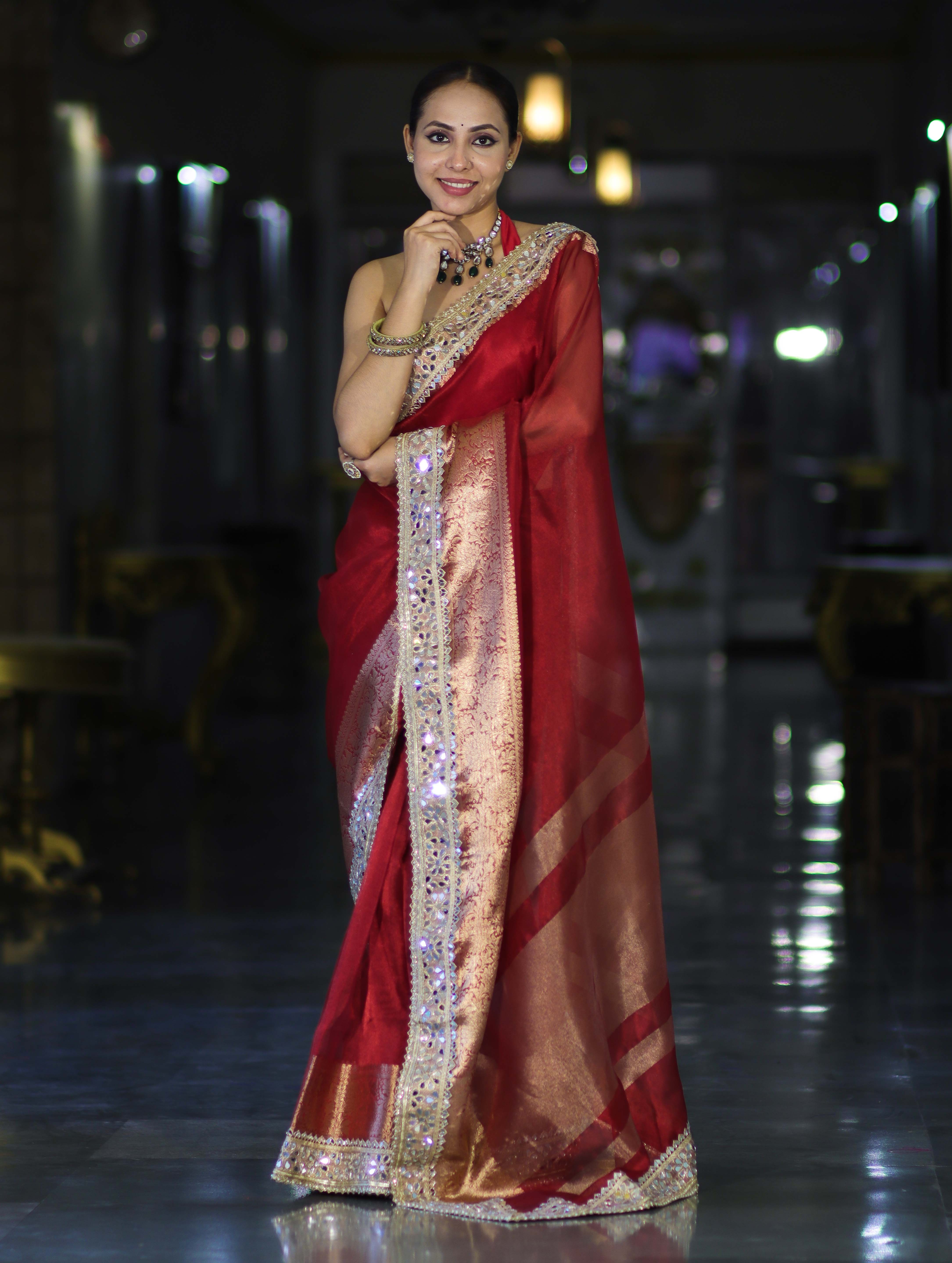 Banarasee Handwoven Tissue Saree With Floral Zari Border & Mirror Work Lace–Deep Red