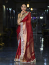 Banarasee Handwoven Tissue Saree With Floral Zari Border & Mirror Work Lace–Deep Red