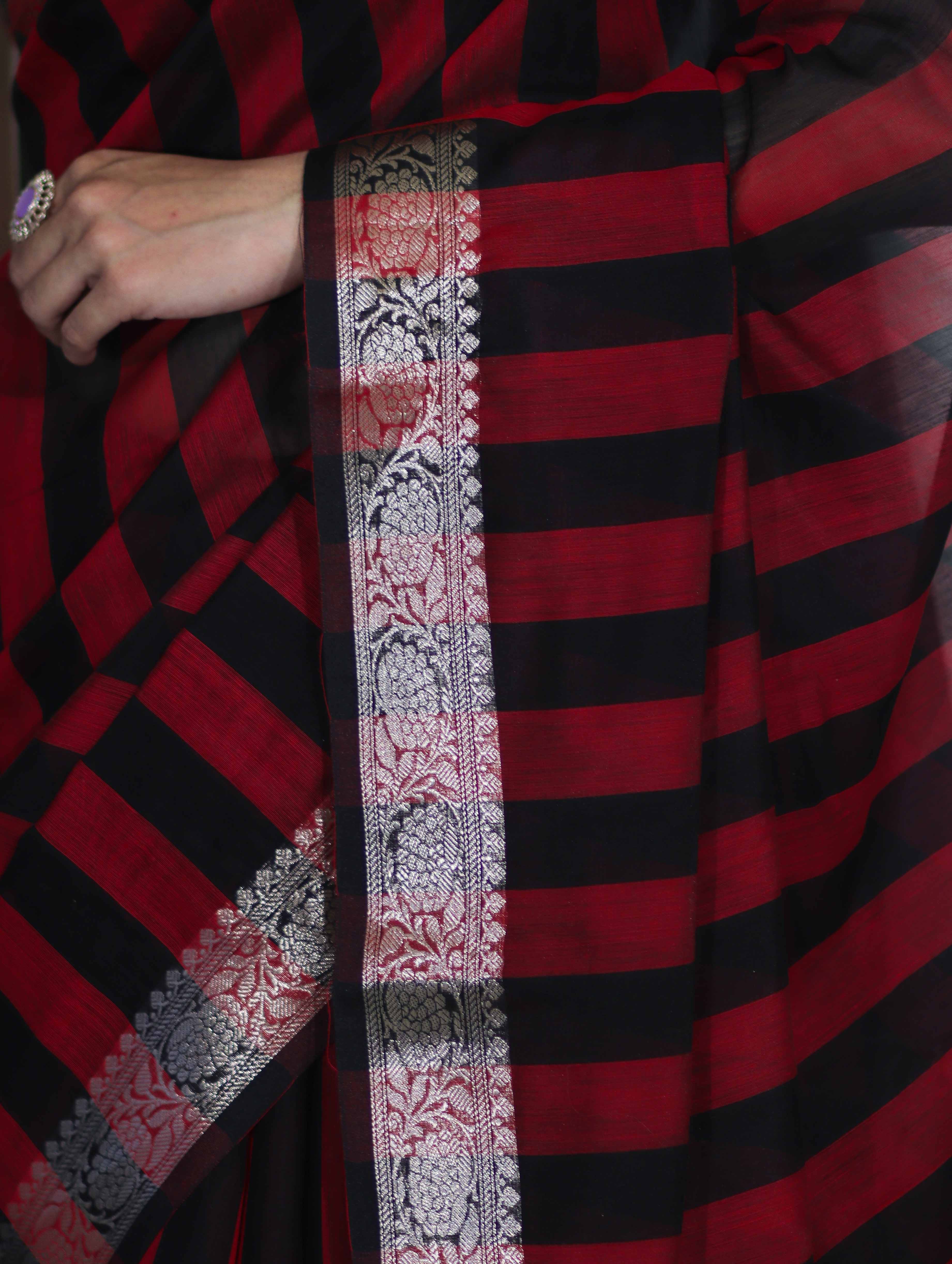 Banarasee Cotton Silk Saree With Stripes Pattern & Floral Zari Border-Maroon & Black