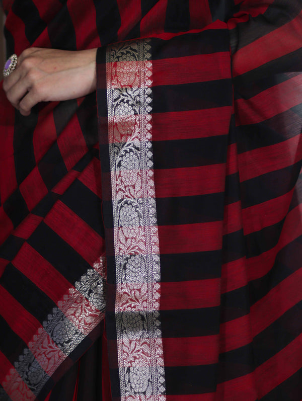 Banarasee Cotton Silk Saree With Stripes Pattern & Floral Zari Border-Maroon & Black