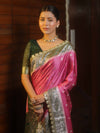 Banarasee Handloom Mashru Silk Saree With Contrast Zari Border & Lace-Onion Pink & Green