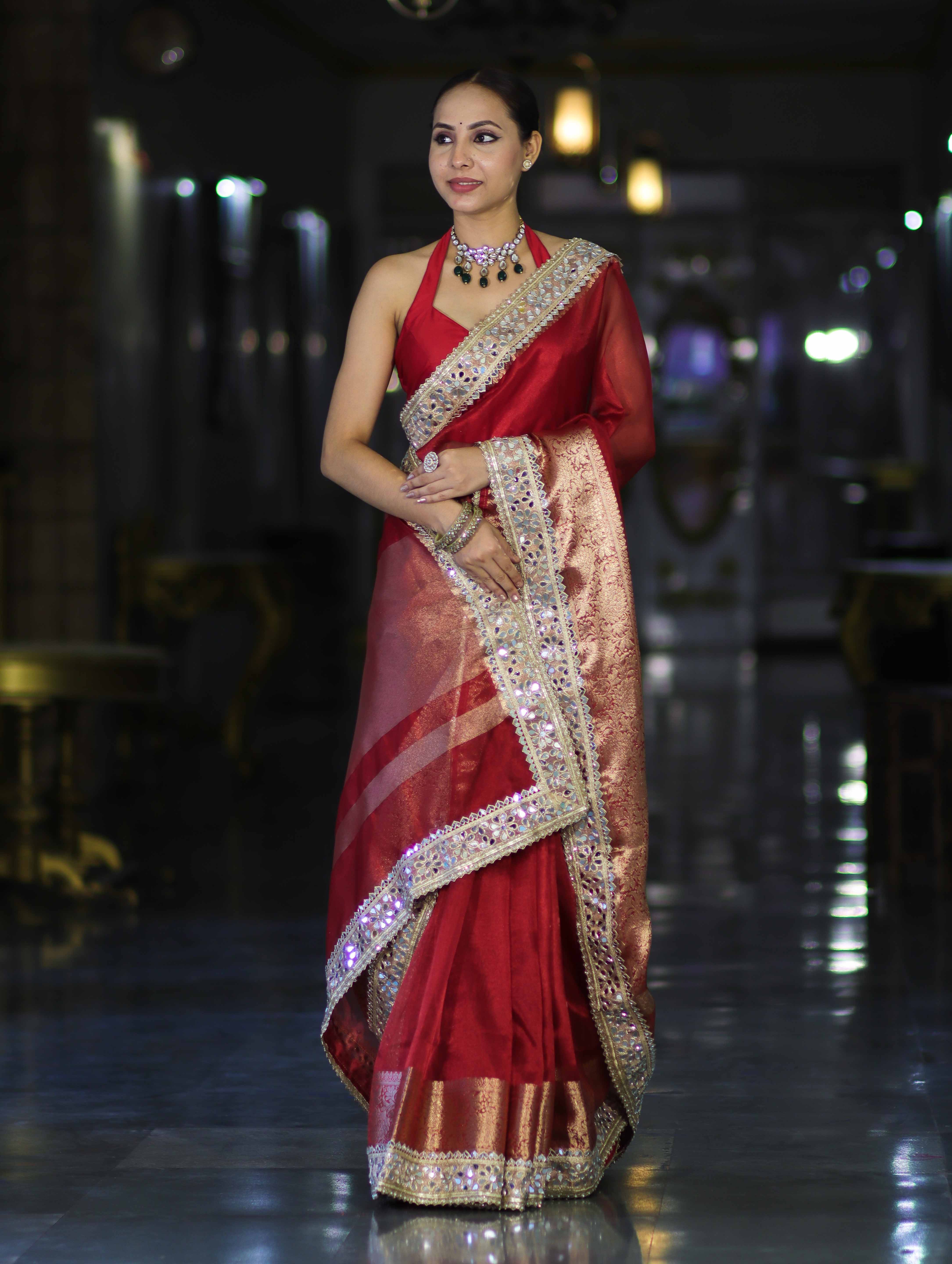 Banarasee Handwoven Tissue Saree With Floral Zari Border & Mirror Work Lace–Deep Red