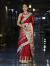 Banarasee Handwoven Tissue Saree With Floral Zari Border & Mirror Work Lace–Deep Red
