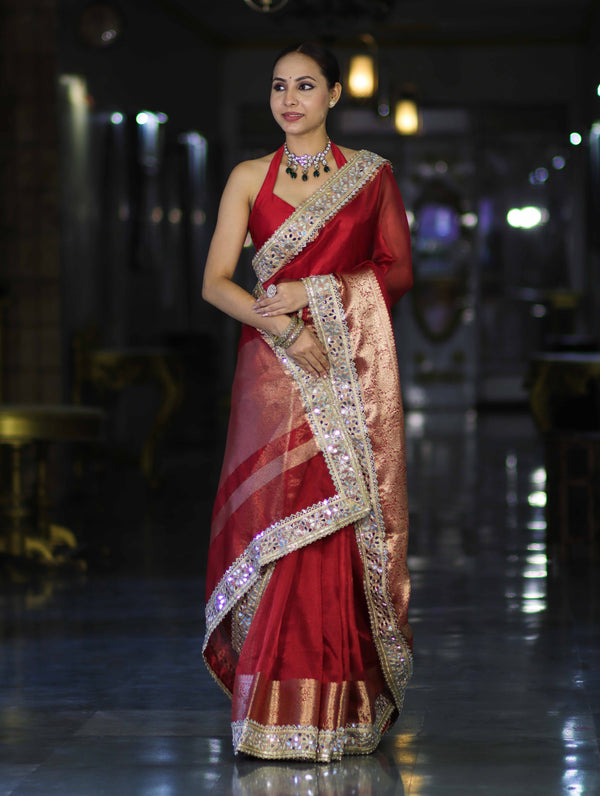 Banarasee Handwoven Tissue Saree With Floral Zari Border & Mirror Work Lace–Deep Red