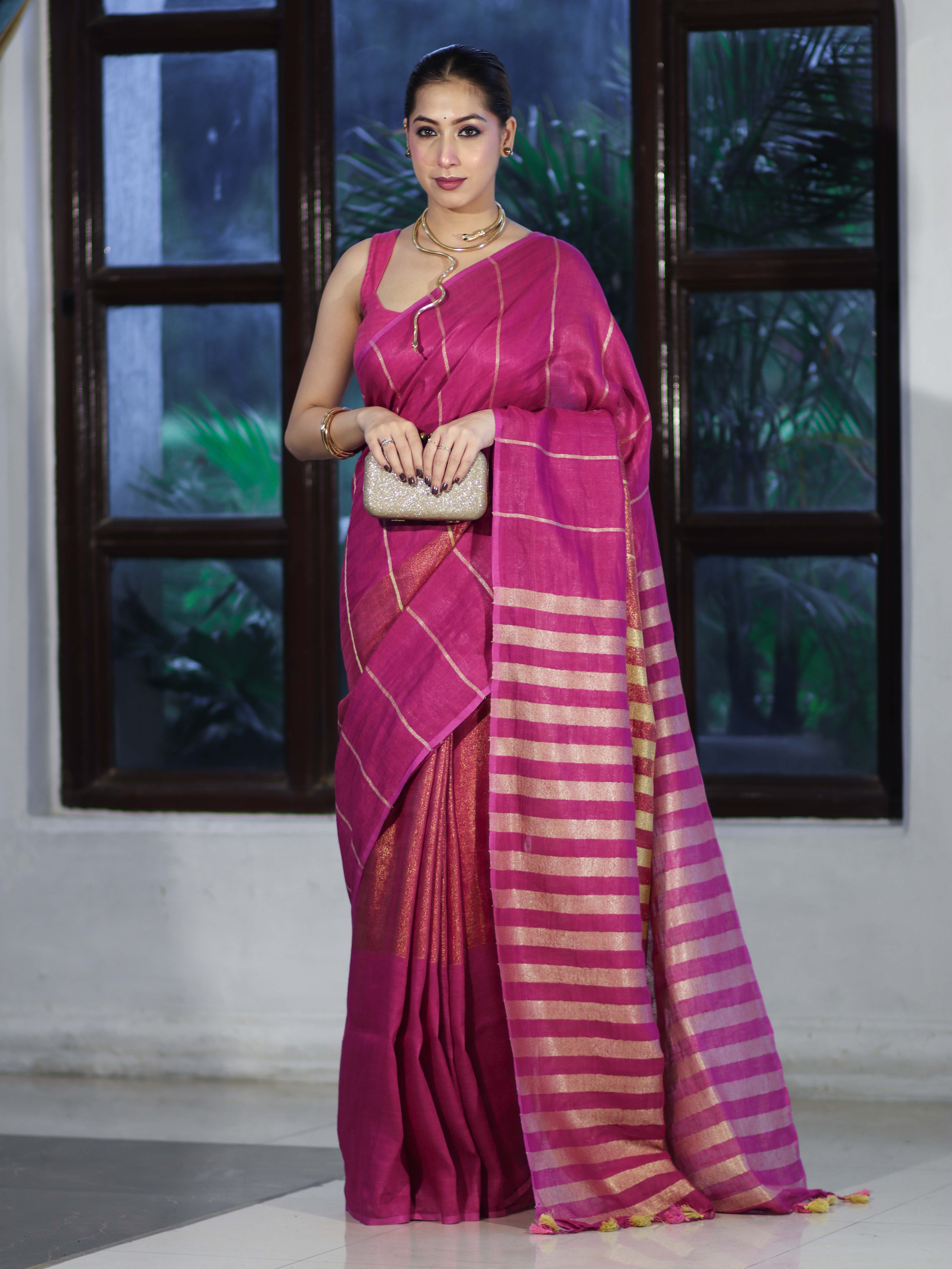 Bhagalpur Handloom Pure Linen Cotton Saree With Zari Stripes Design-Magenta