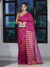 Bhagalpur Handloom Pure Linen Cotton Saree With Zari Stripes Design-Magenta