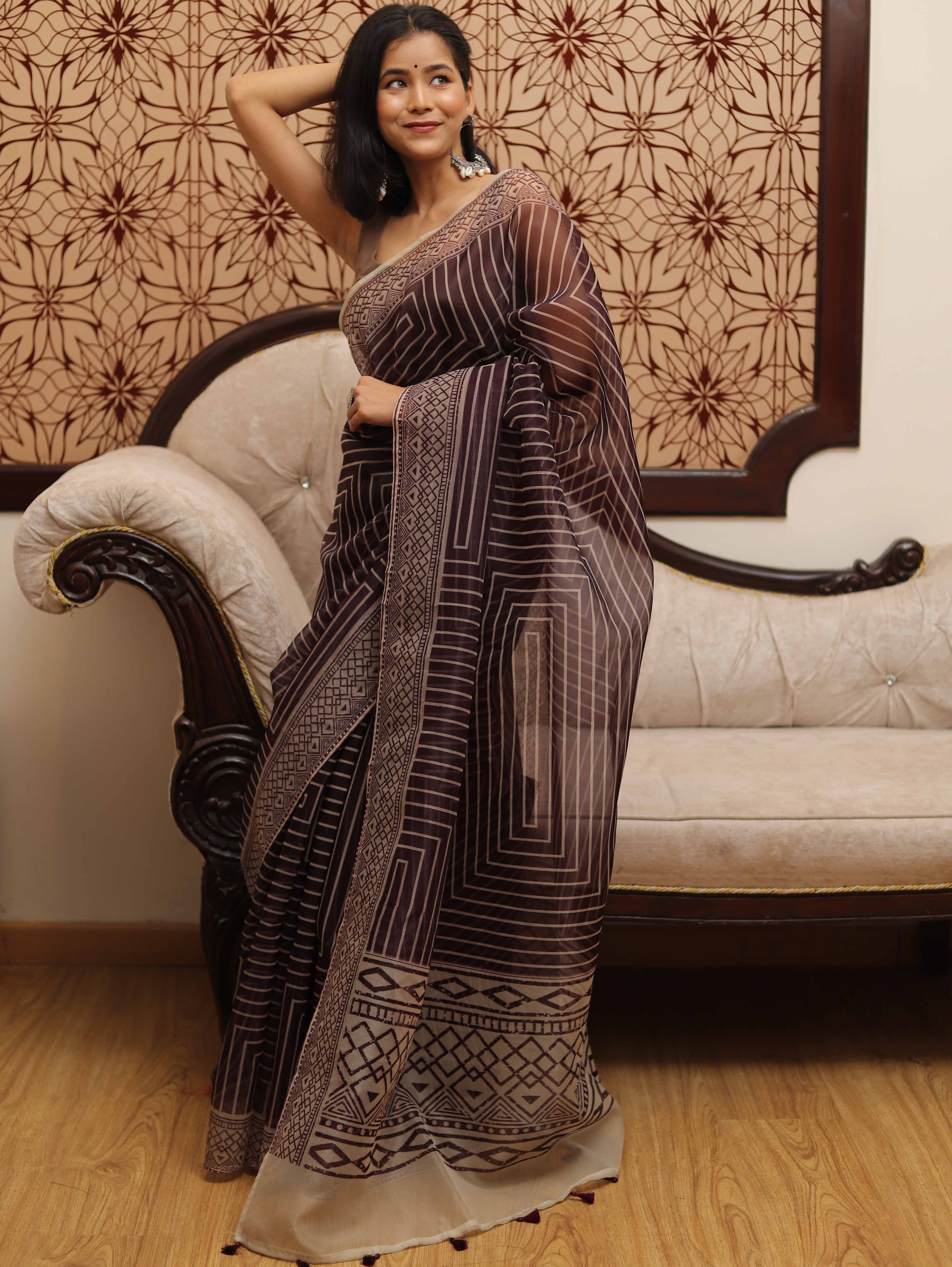 Banarasee Mix Organza printed Saree-Brown