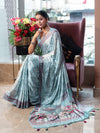 Banarasee Handwoven Satin Zigzag Printed Saree-Aqua Blue