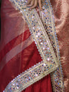 Banarasee Handwoven Tissue Saree With Floral Zari Border & Mirror Work Lace–Deep Red