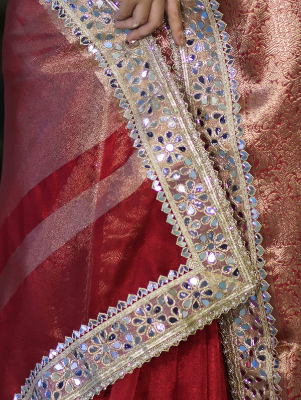 Banarasee Handwoven Tissue Saree With Floral Zari Border & Mirror Work Lace–Deep Red