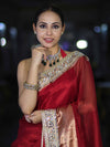 Banarasee Handwoven Tissue Saree With Floral Zari Border & Mirror Work Lace–Deep Red