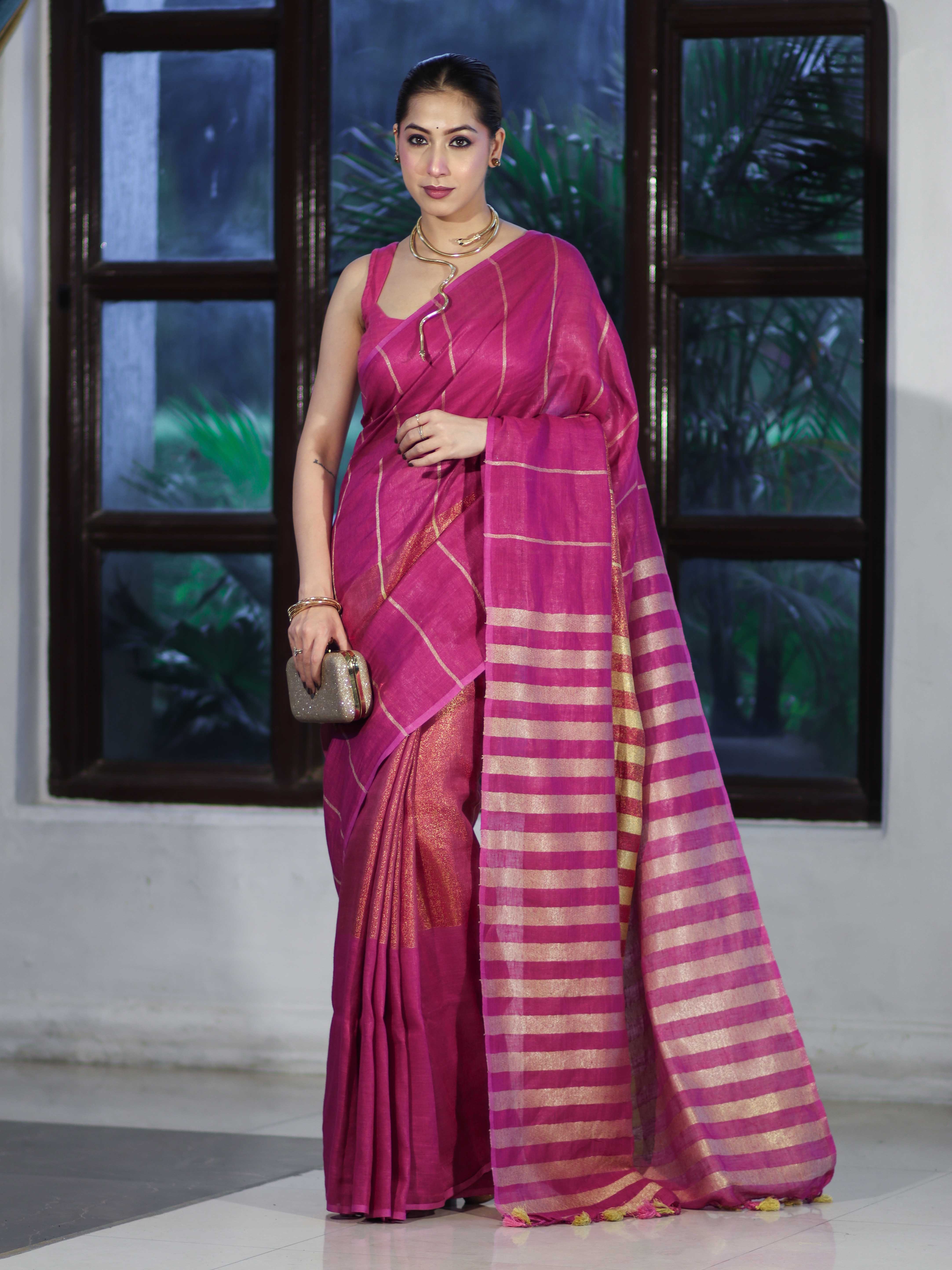 Bhagalpur Handloom Pure Linen Cotton Saree With Zari Stripes Design-Magenta