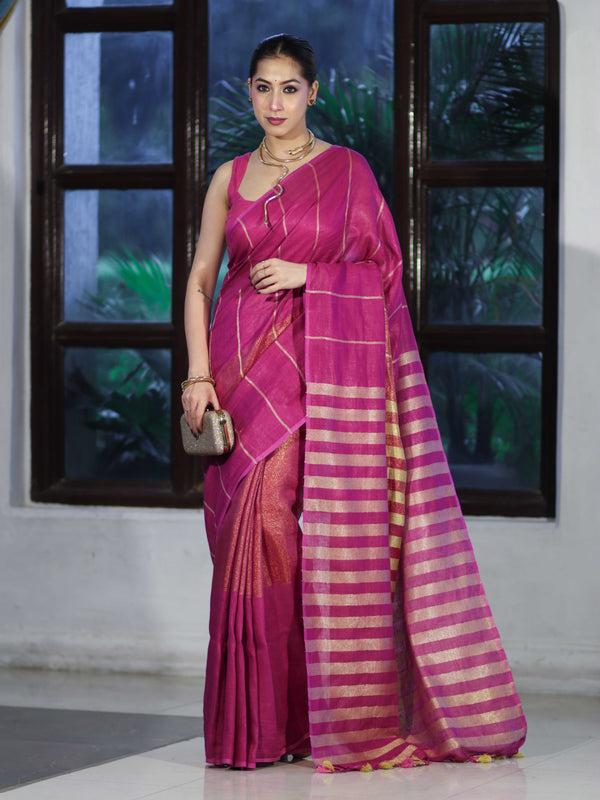 Bhagalpur Handloom Pure Linen Cotton Saree With Zari Stripes Design-Magenta