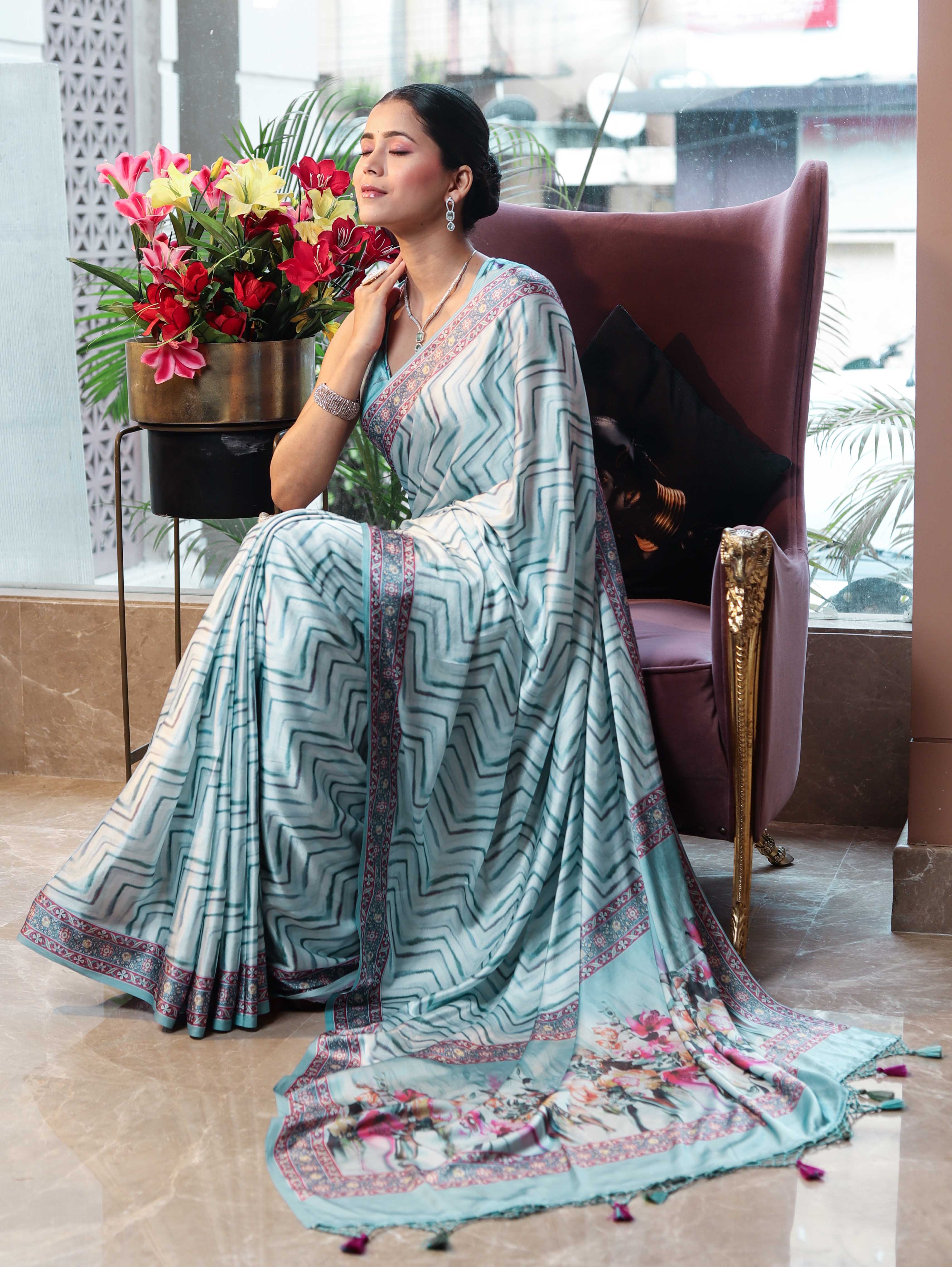 Banarasee Handwoven Satin Zigzag Printed Saree-Aqua Blue