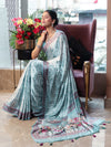 Banarasee Handwoven Satin Zigzag Printed Saree-Aqua Blue