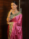 Banarasee Handloom Mashru Silk Saree With Contrast Zari Border & Lace-Onion Pink & Green