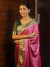 Banarasee Handloom Mashru Silk Saree With Contrast Zari Border & Lace-Onion Pink & Green