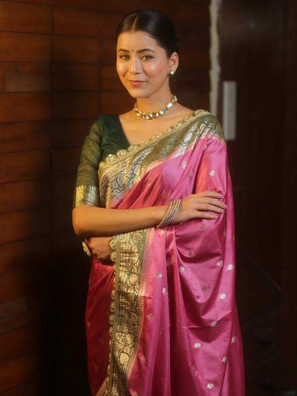 Banarasee Handloom Mashru Silk Saree With Contrast Zari Border & Lace-Onion Pink & Green