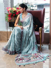 Banarasee Handwoven Satin Zigzag Printed Saree-Aqua Blue
