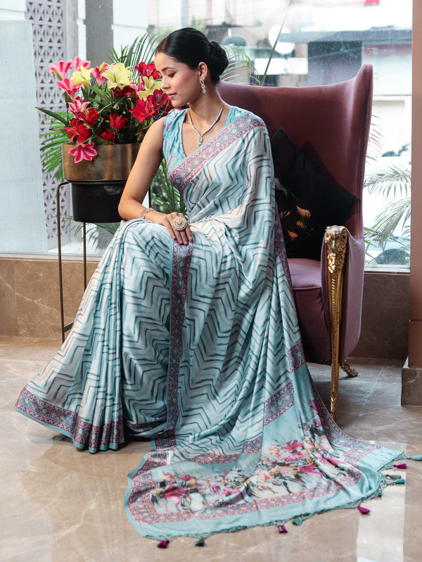 Banarasee Handwoven Satin Zigzag Printed Saree-Aqua Blue