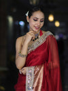 Banarasee Handwoven Tissue Saree With Floral Zari Border & Mirror Work Lace–Deep Red