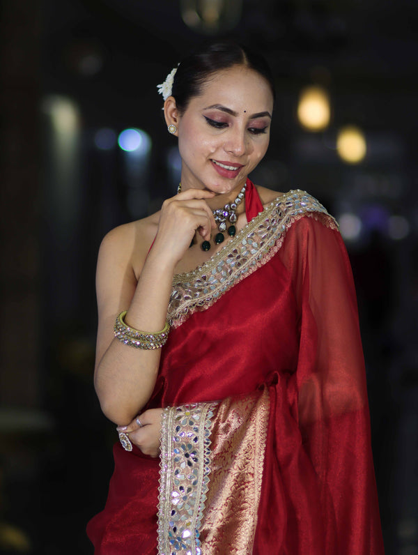 Banarasee Handwoven Tissue Saree With Floral Zari Border & Mirror Work Lace–Deep Red