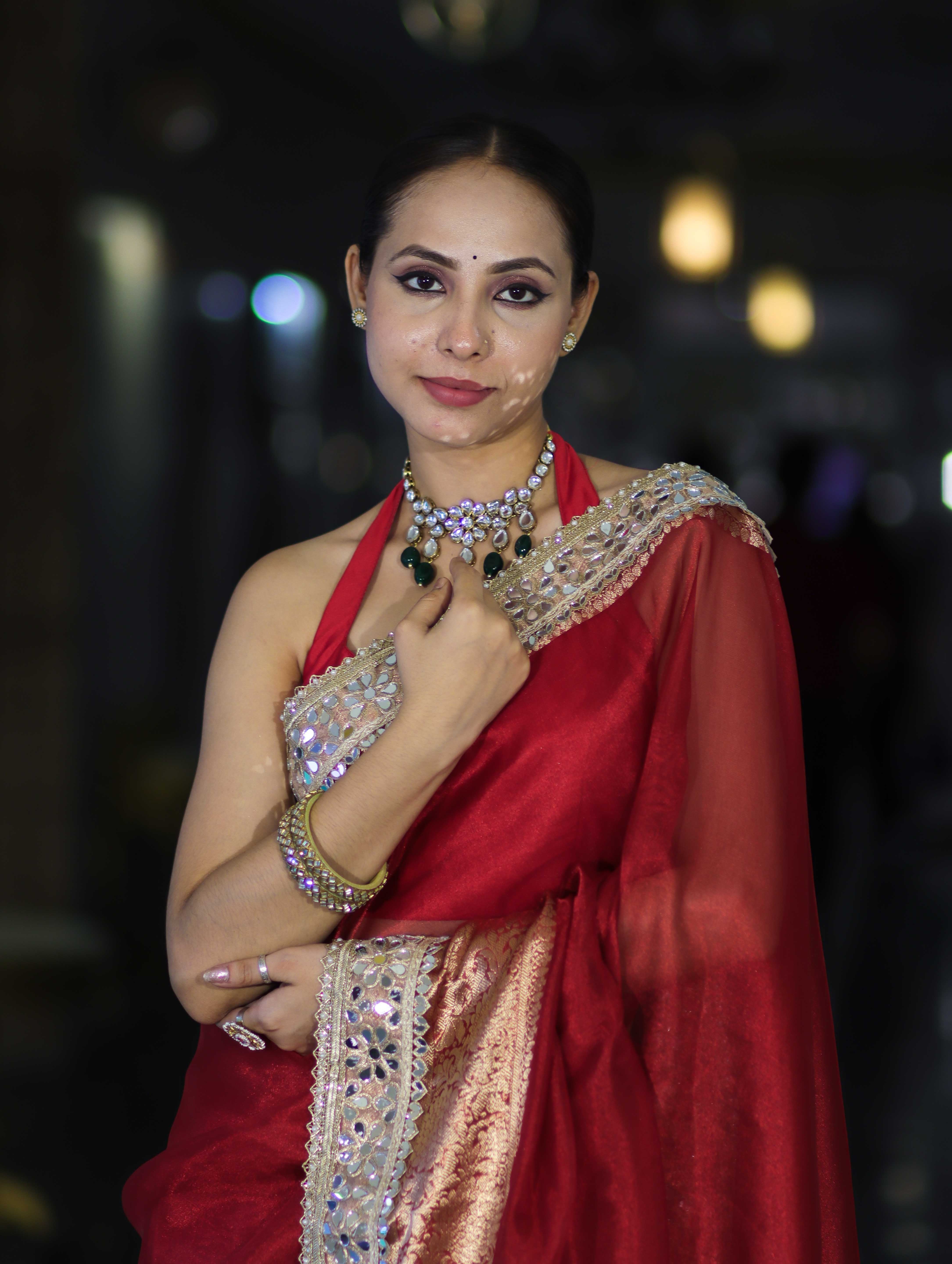 Banarasee Handwoven Tissue Saree With Floral Zari Border & Mirror Work Lace–Deep Red