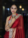 Banarasee Handwoven Tissue Saree With Floral Zari Border & Mirror Work Lace–Deep Red