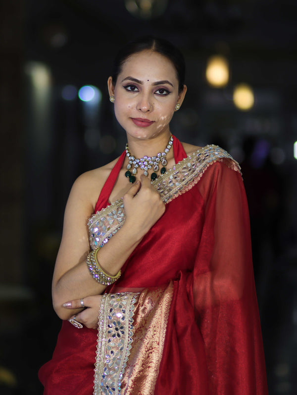 Banarasee Handwoven Tissue Saree With Floral Zari Border & Mirror Work Lace–Deep Red