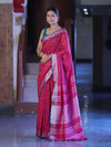 Bhagalpur Handloom Pure Linen Saree With Floral Thread Embroidery-Magenta & Green