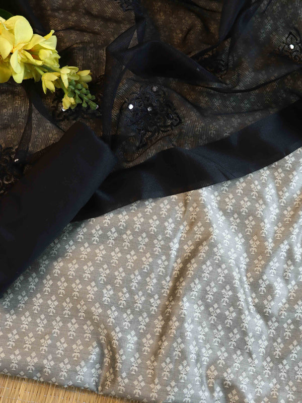 Banarasee Brocade Salwar Kameez Fabric With Cotton Silk Dupatta-Grey & Black