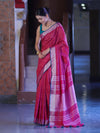 Bhagalpur Handloom Pure Linen Saree With Floral Thread Embroidery-Magenta & Green