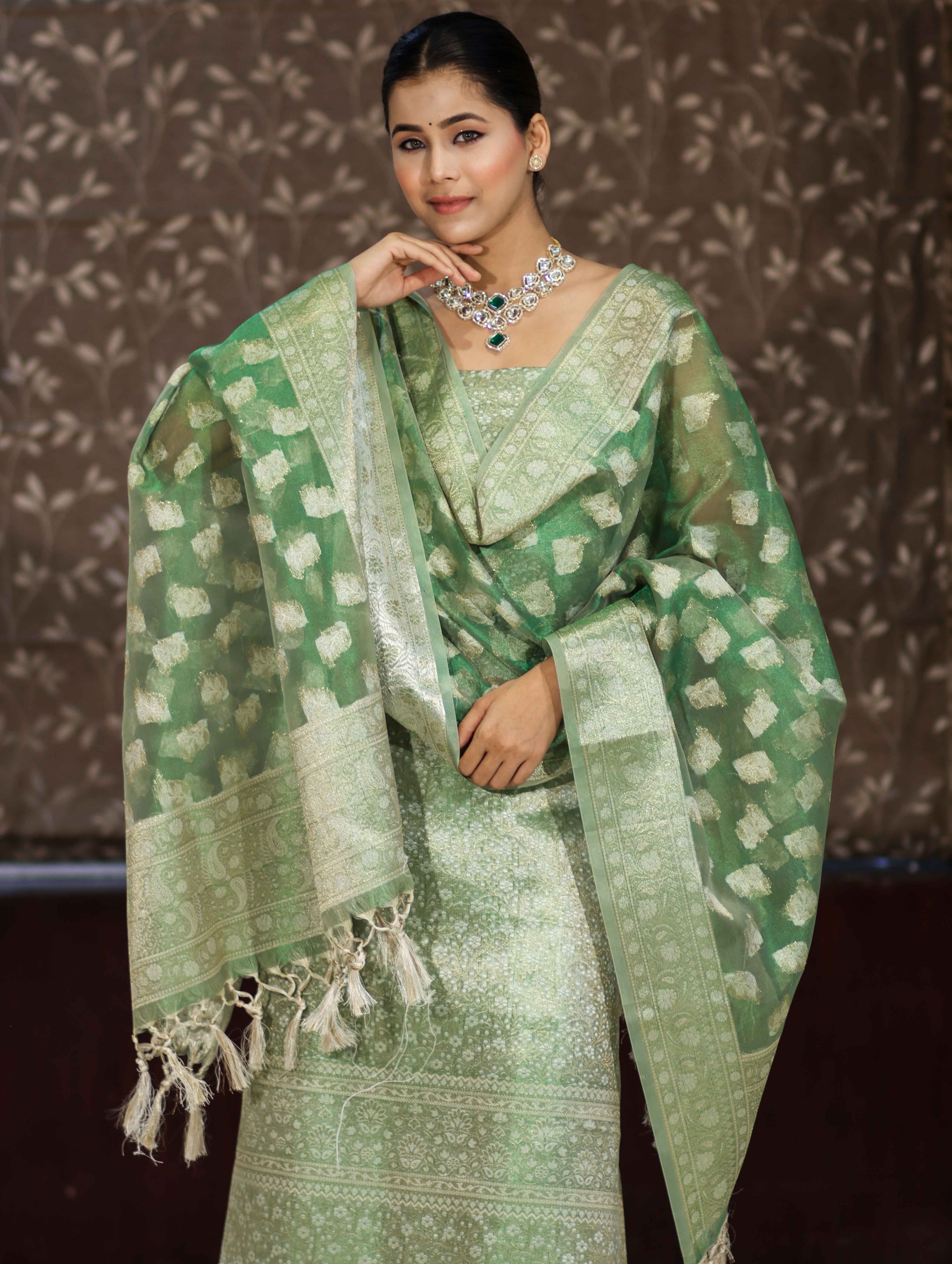 Banarasee Tissue Zari Weaving Salwar Kameez Fabric With Dupatta Set-Green