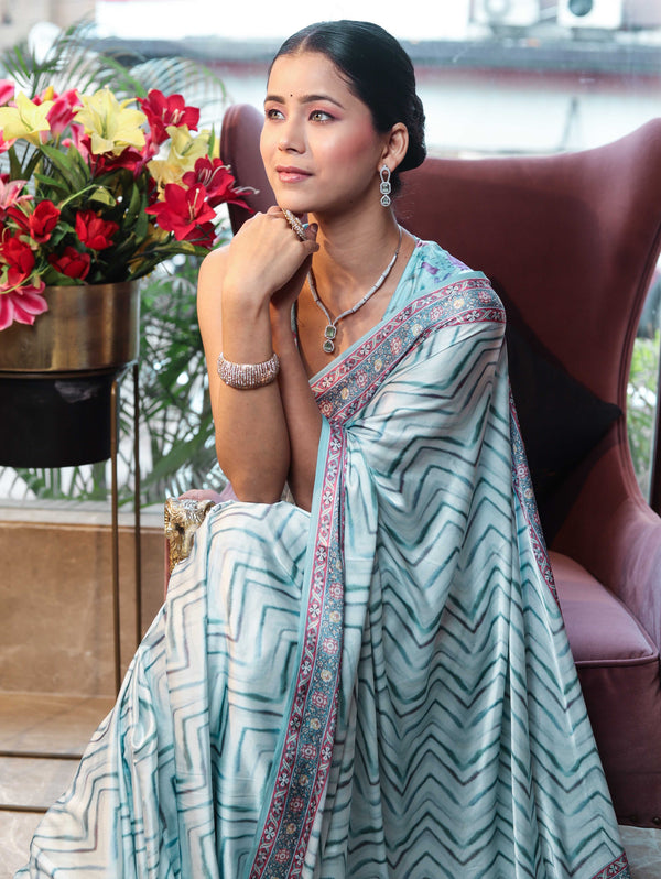 Banarasee Handwoven Satin Zigzag Printed Saree-Aqua Blue