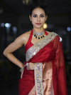 Banarasee Handwoven Tissue Saree With Floral Zari Border & Mirror Work Lace–Deep Red