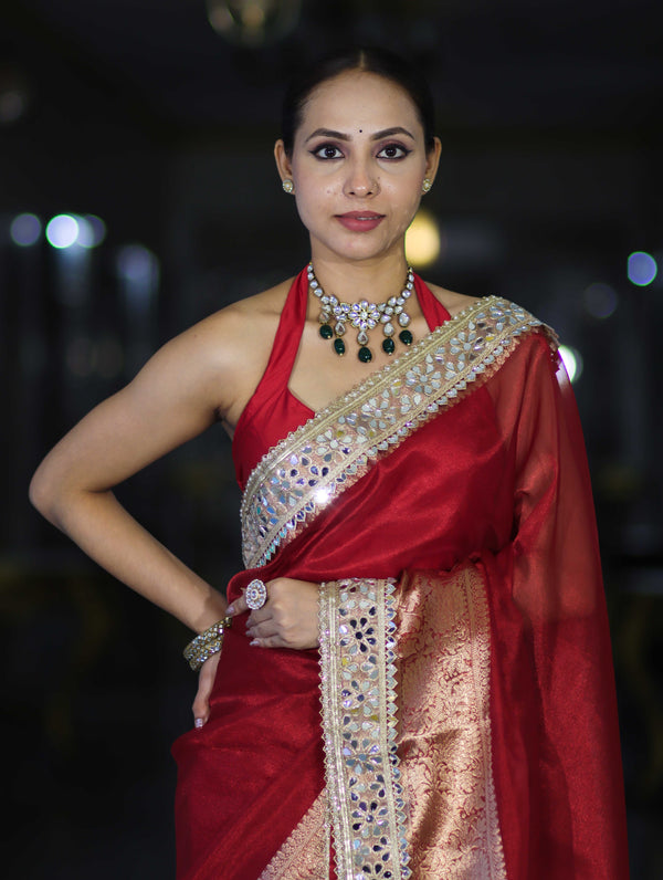 Banarasee Handwoven Tissue Saree With Floral Zari Border & Mirror Work Lace–Deep Red