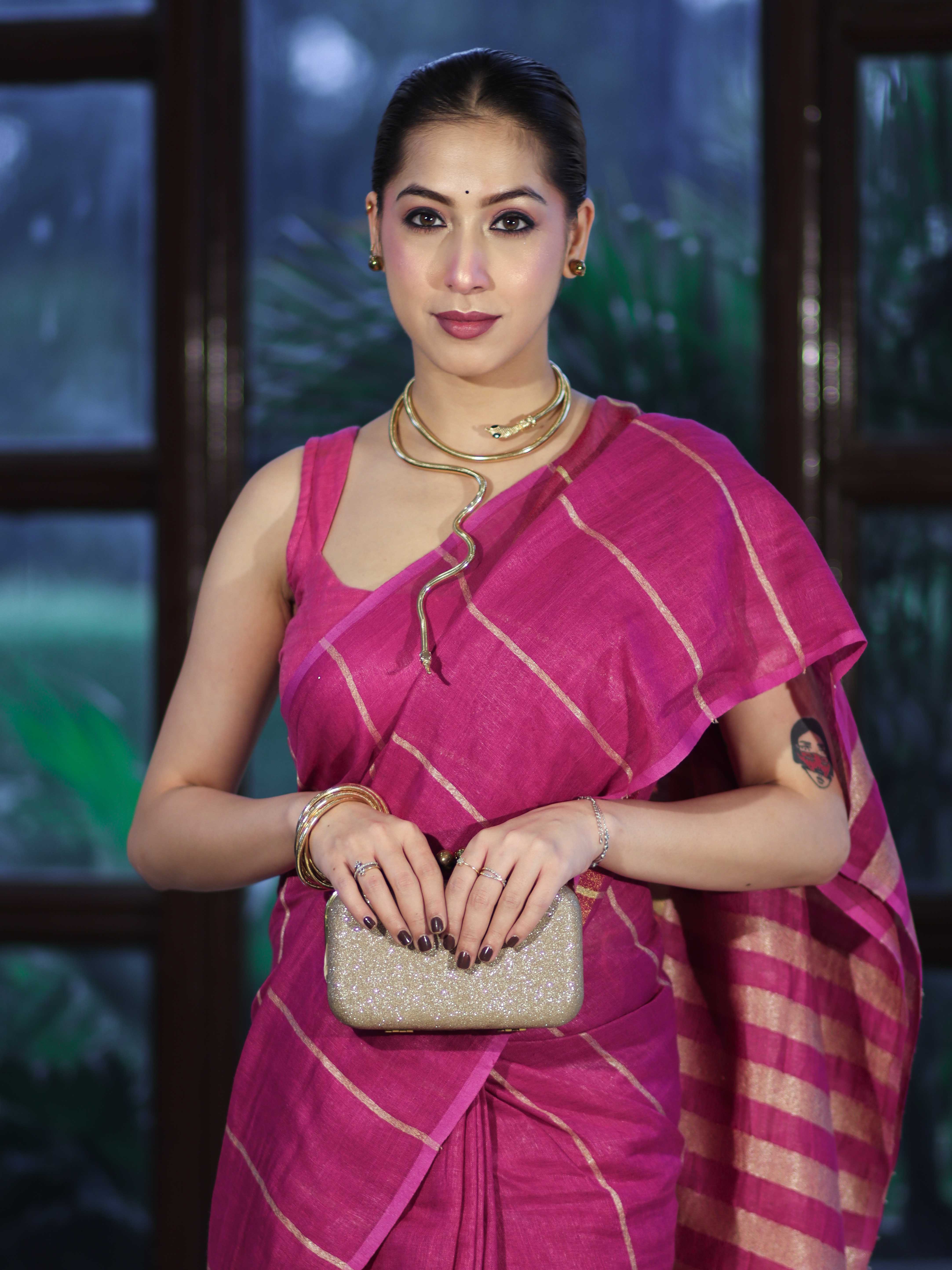 Bhagalpur Handloom Pure Linen Cotton Saree With Zari Stripes Design-Magenta
