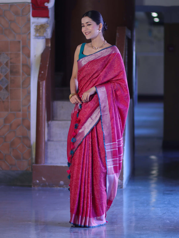 Bhagalpur Handloom Pure Linen Saree With Floral Thread Embroidery-Magenta & Green