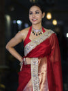 Banarasee Handwoven Tissue Saree With Floral Zari Border & Mirror Work Lace–Deep Red