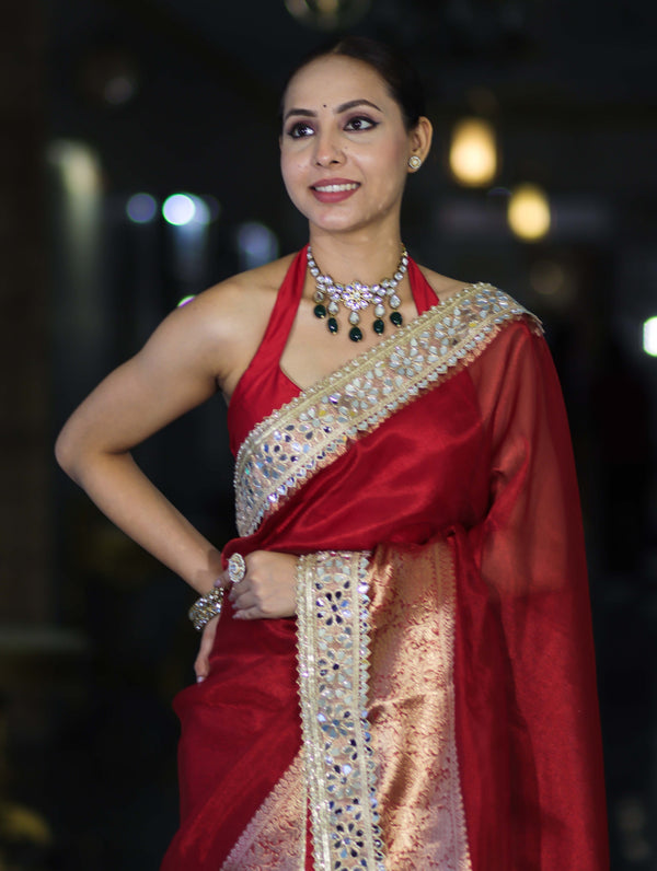 Banarasee Handwoven Tissue Saree With Floral Zari Border & Mirror Work Lace–Deep Red