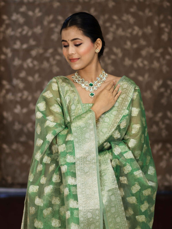 Banarasee Tissue Zari Weaving Salwar Kameez Fabric With Dupatta Set-Green