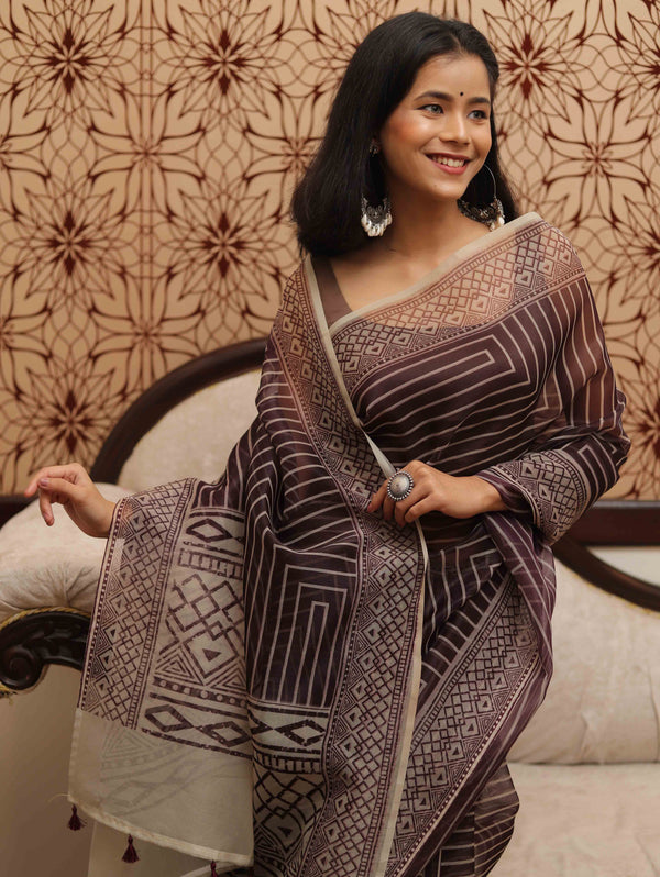 Banarasee Mix Organza printed Saree-Brown