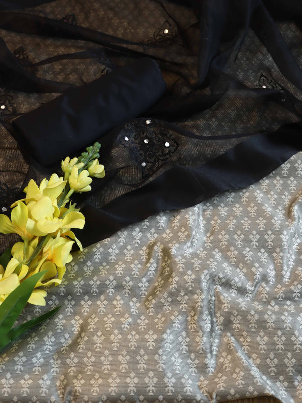 Banarasee Brocade Salwar Kameez Fabric With Cotton Silk Dupatta-Grey & Black