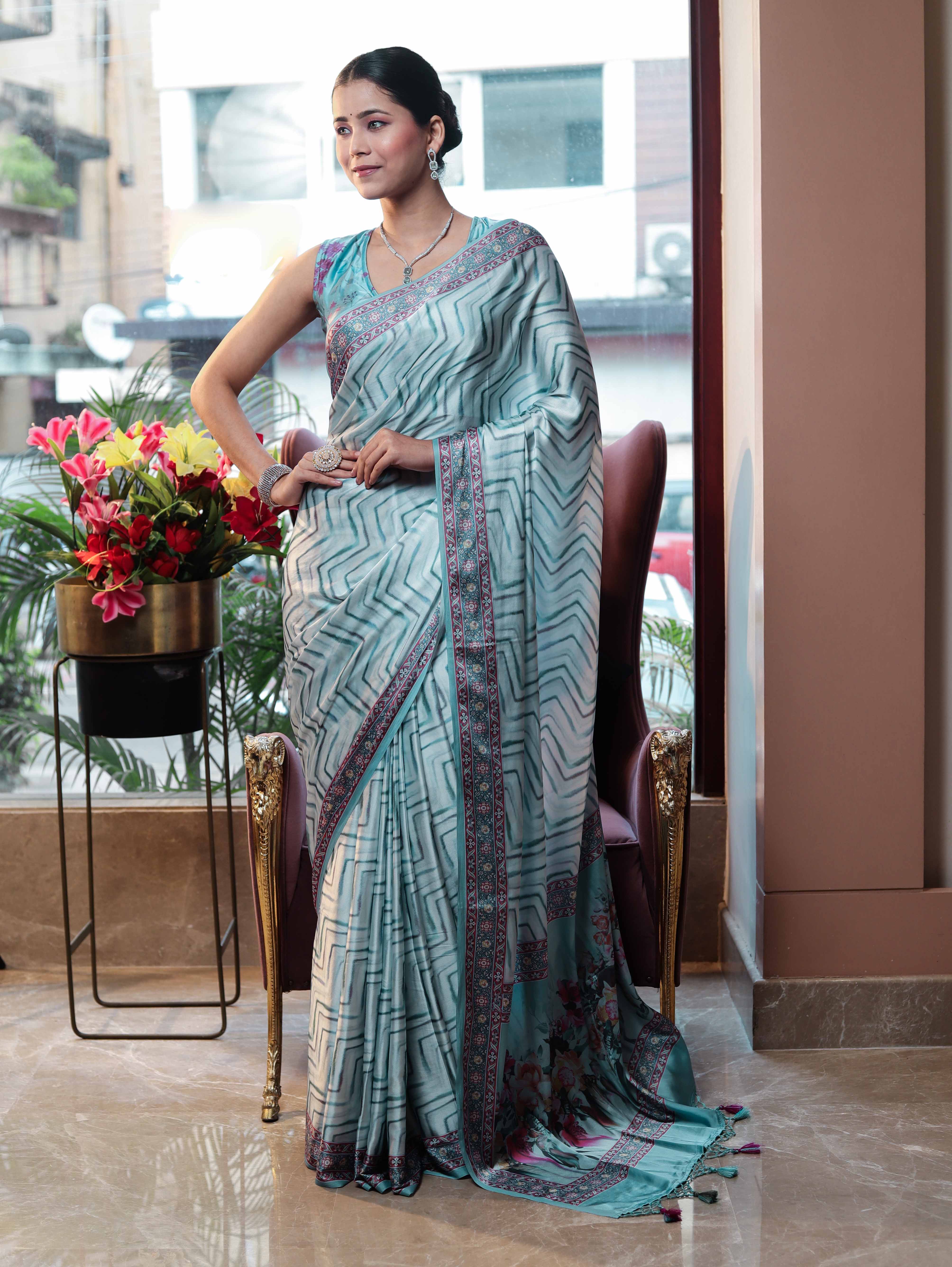 Banarasee Handwoven Satin Zigzag Printed Saree-Aqua Blue