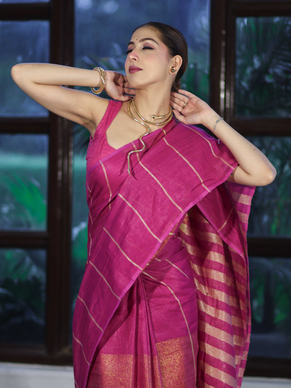 Bhagalpur Handloom Pure Linen Cotton Saree With Zari Stripes Design-Magenta