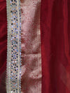 Banarasee Handwoven Tissue Saree With Floral Zari Border & Mirror Work Lace–Deep Red